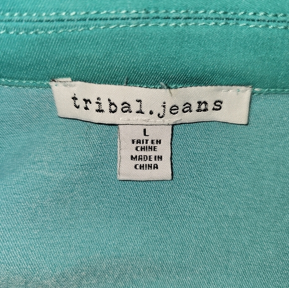 Tribal Jeans Teal Stretchy Jean Jacket Brushed Silver Buttons - Picture 10 of 11